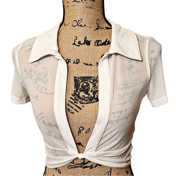 White Sheer Tie Front Deep V Collared Crop Top - Picture 3 of 5